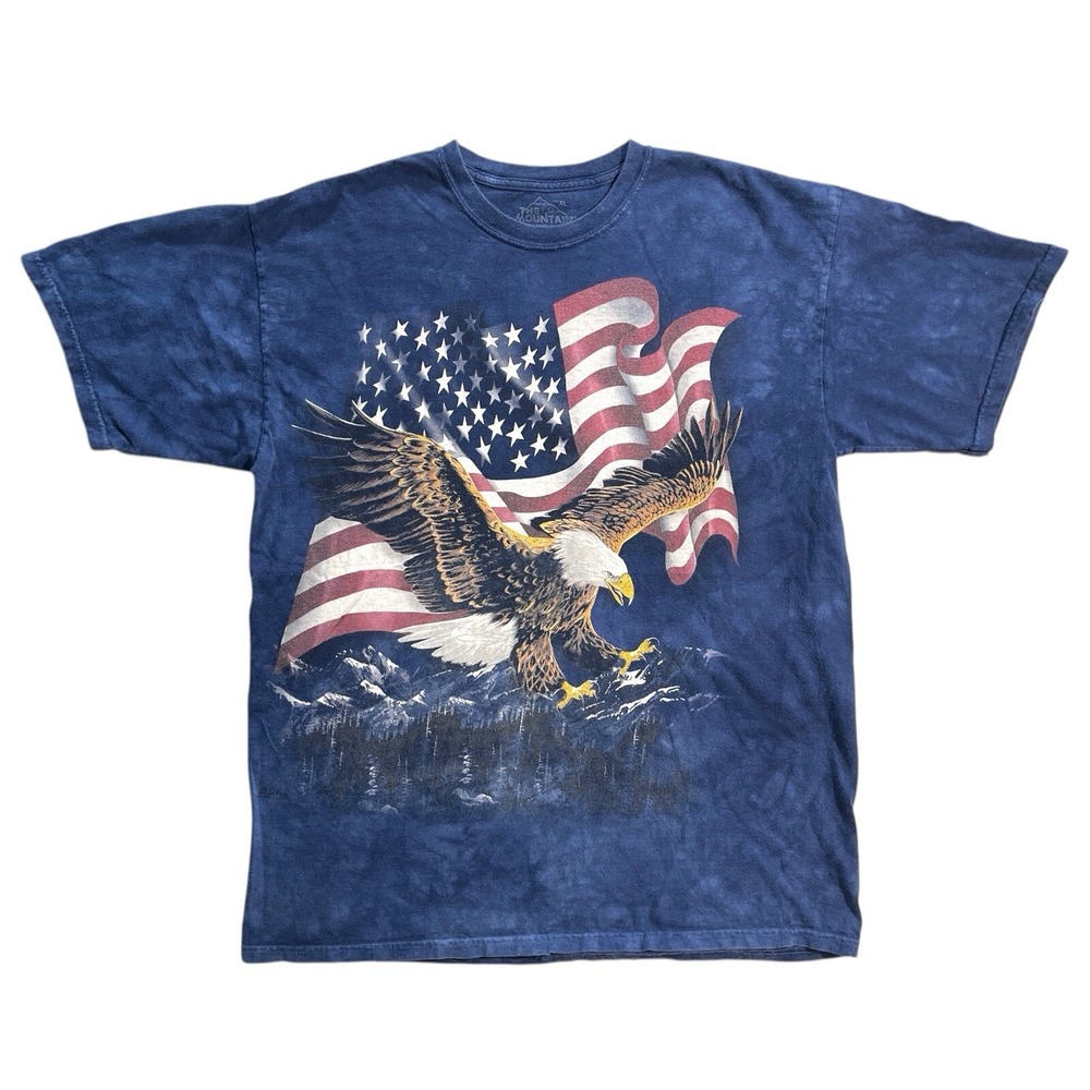 The Mountain Bald Eagle American Flag Blue Tie Dye USA Patriot T Shirt Unisex XL